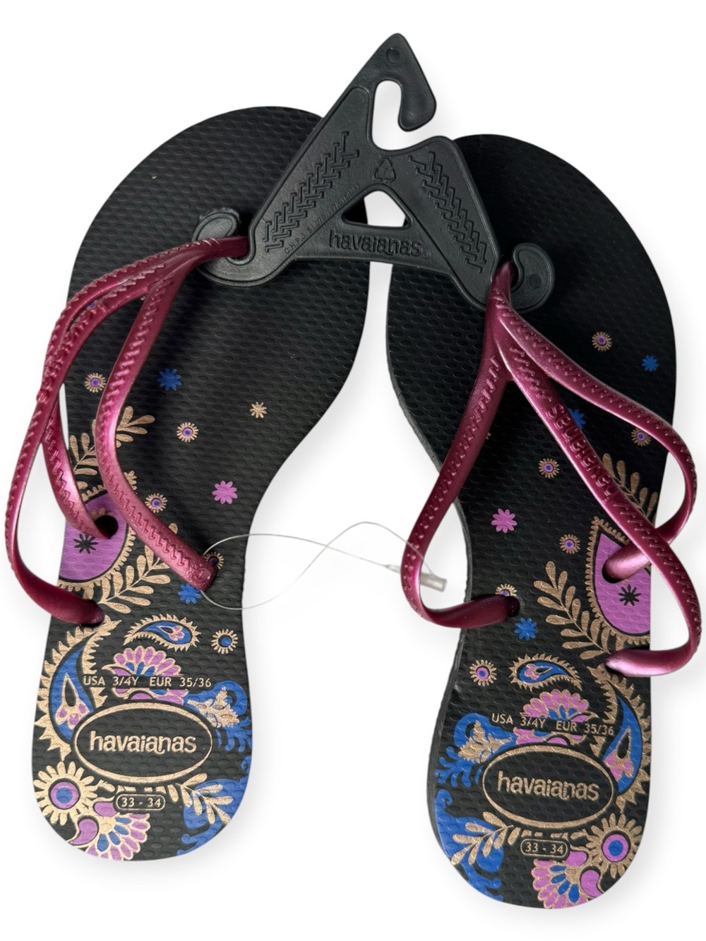 NWT Havaianas Tria Print Multi-Strap Flip Flops Black Paisley Women 5-6 / 3-4Y